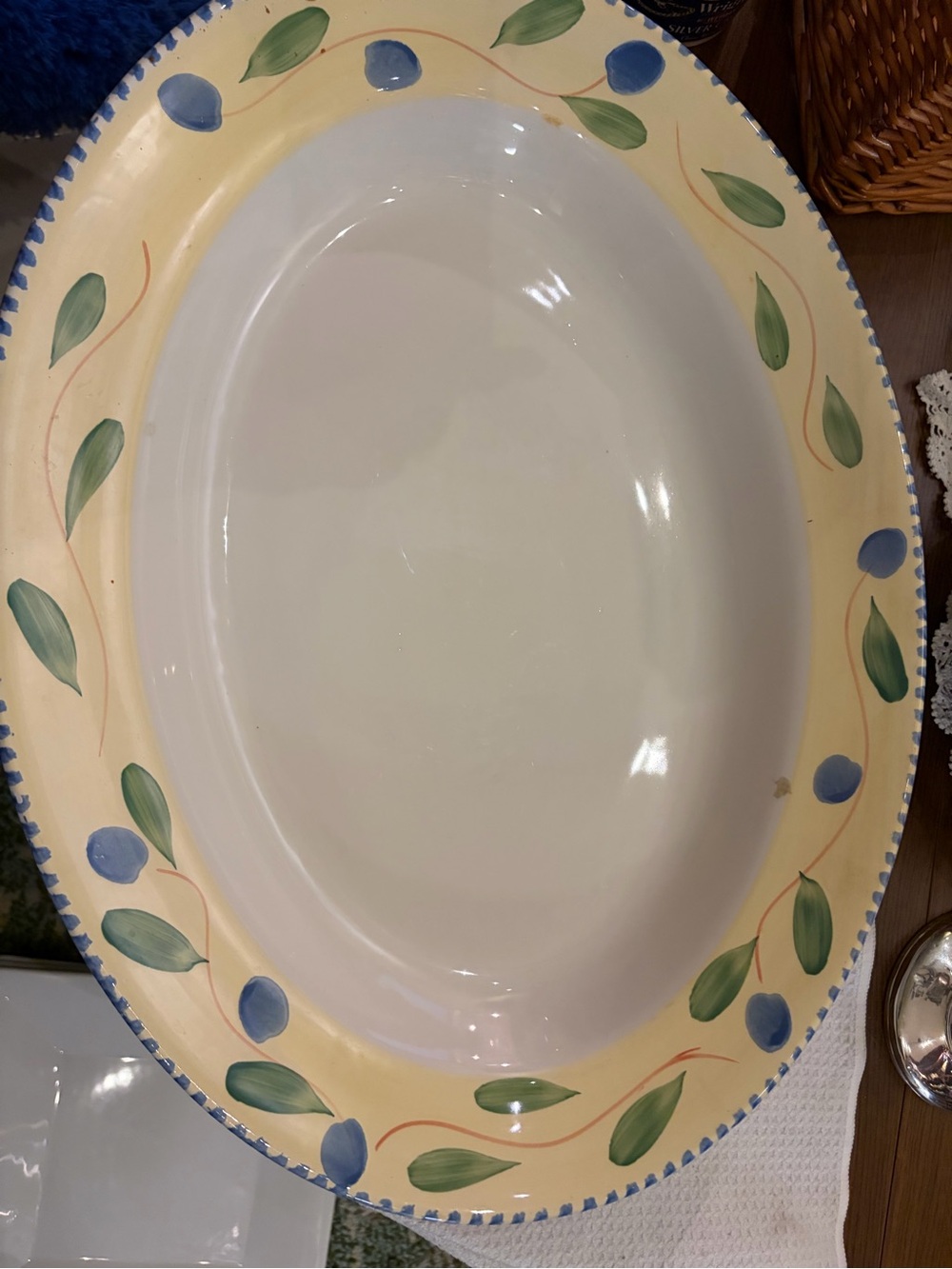 Pier1 Yellow 19.5” Platter with Blue Floral and Green Leaf Motif